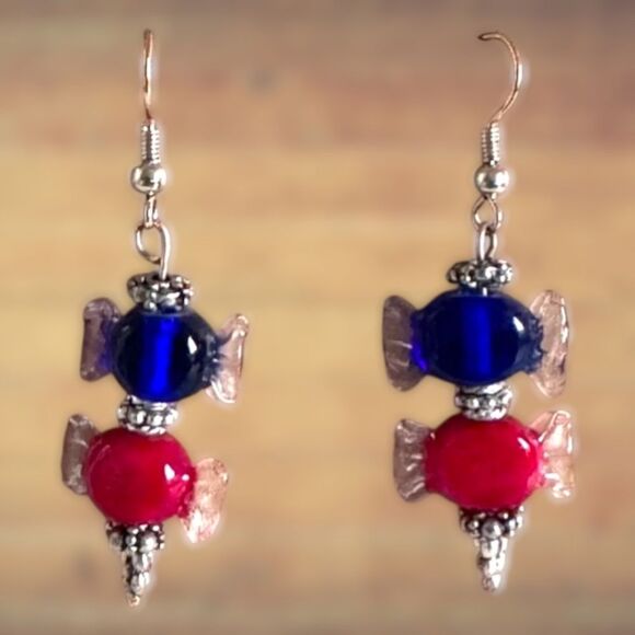 Red and Blue Lampwork .925 Sterling Earrings #317 - Picture 4 of 6